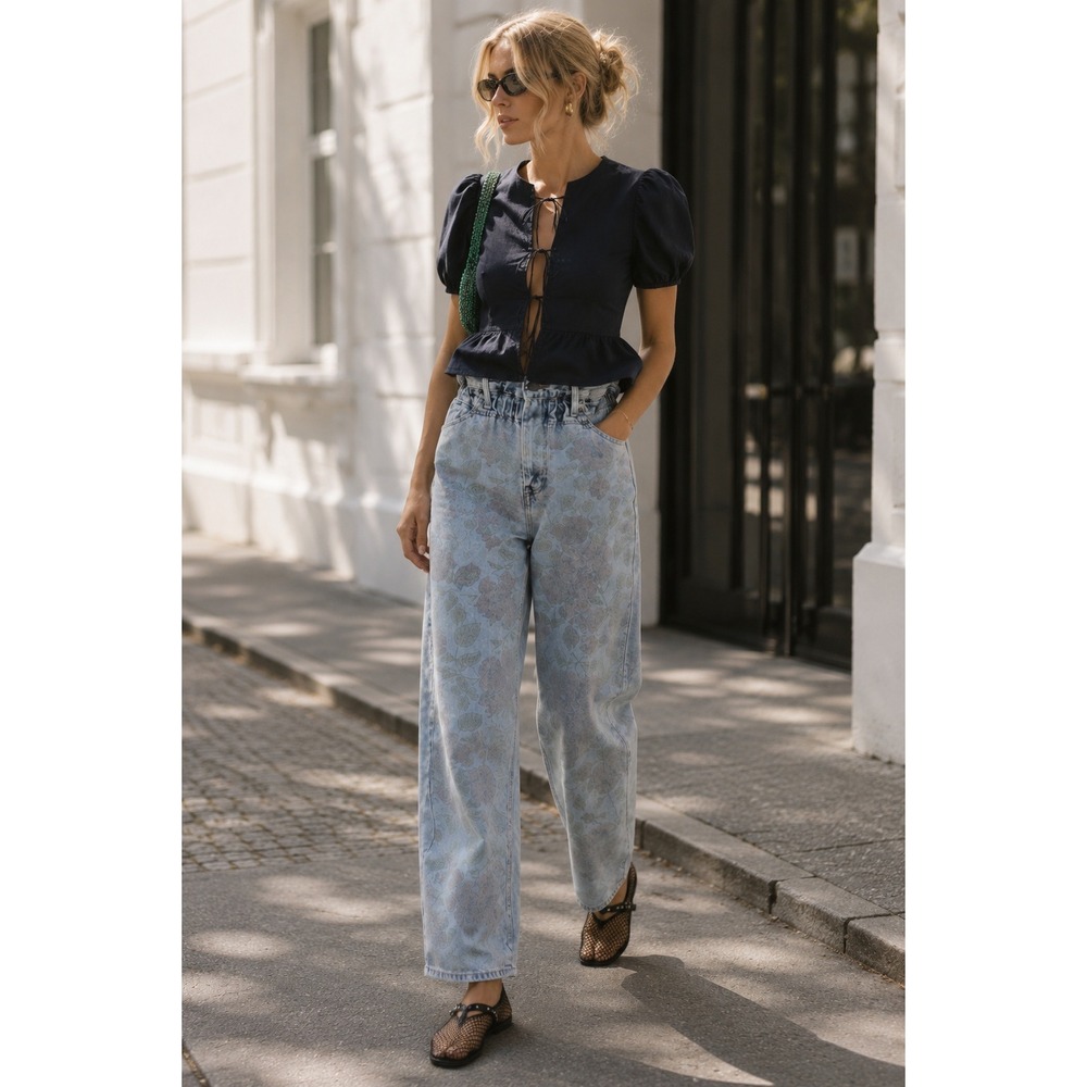 GANNI x LEVI'S Floral Print Paperbag Waist Wide Leg Jeans Blue Hemp Cotton 27